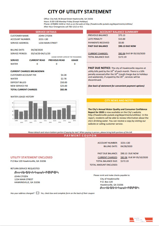 USA City of Utility Statement water utility bill template in Word and PDF format